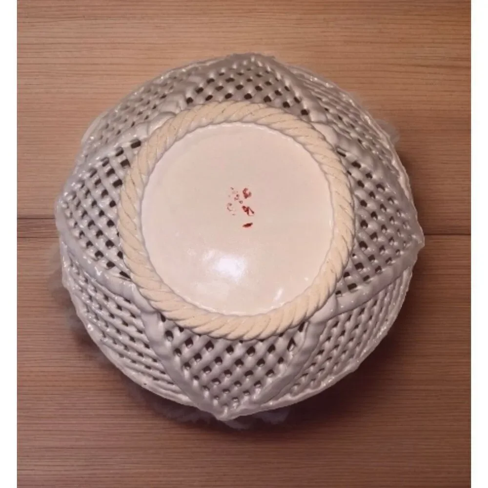 White Round Woven Latticed Ceramic Basket  Bowl Open Weave Set Of 2
